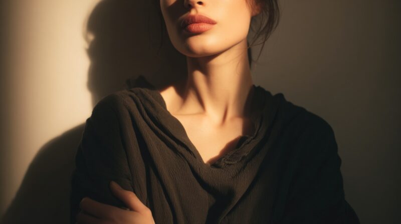 Close-up of a woman in soft light, partially in shadow, symbolizing inner strength and boundaries