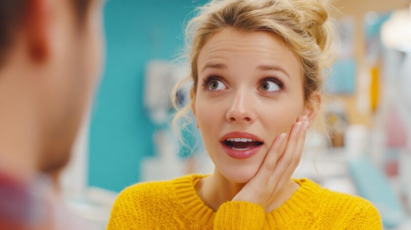 Young woman in a yellow sweater holding her cheek, appearing concerned while consulting with a dentist