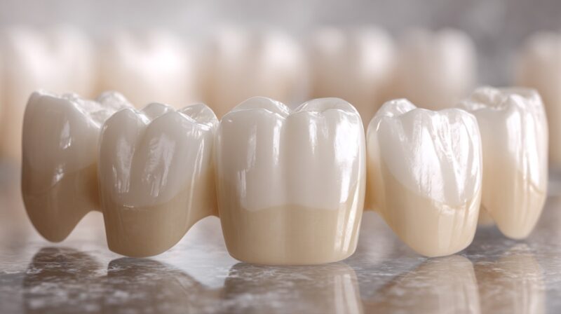 Close-up of realistic porcelain dental crowns on a reflective surface, showing natural tooth-like shape and color