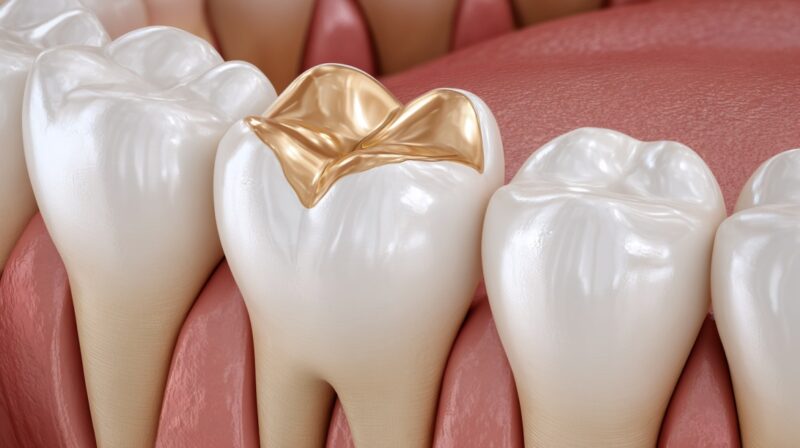 3D illustration of a molar tooth with a gold dental filling applied on the chewing surface, surrounded by healthy teeth and gums