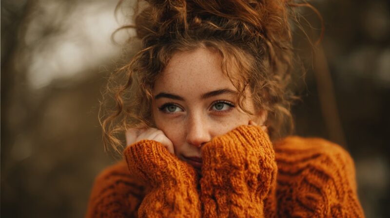 Young woman with curly hair in an orange sweater resting her face in her hands, looking thoughtfully into the distance