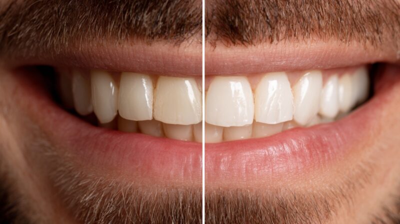 Close-up of a man’s smile showing a side-by-side comparison: left side with stained, worn teeth and right side with whiter, restored teeth