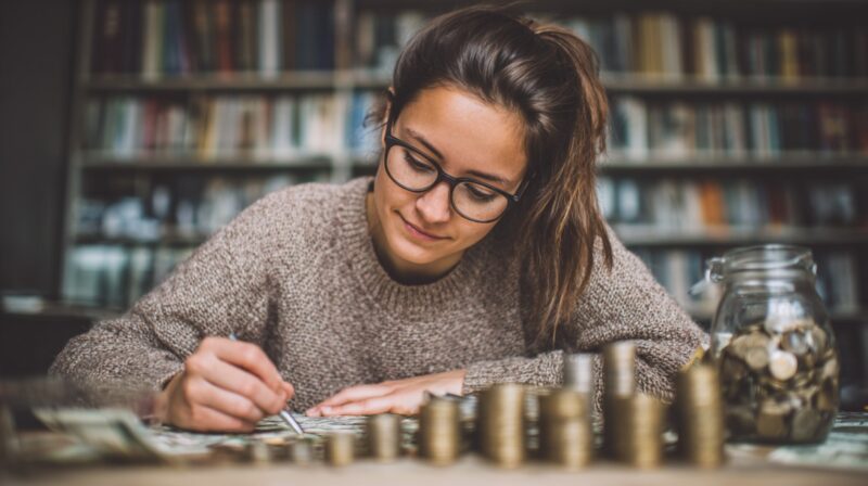 Young woman with glasses counting money and organizing coins into stacks with a jar of savings beside her