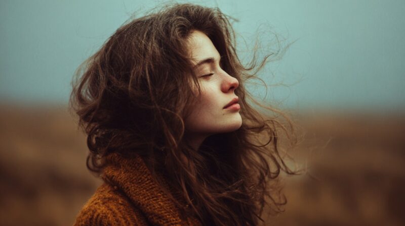 Young woman with eyes closed, standing in the wind, symbolizing peace, resilience, and adaptability for the future