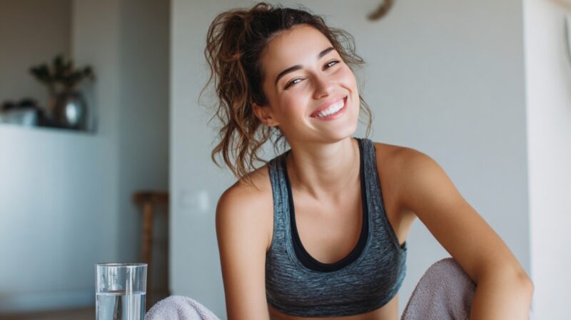 Smiling woman in workout clothes sitting with a glass of water after exercise
