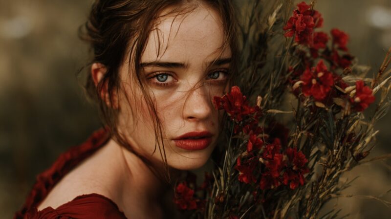 Young woman with red lips holding red flowers, symbolizing romantic realism and independence