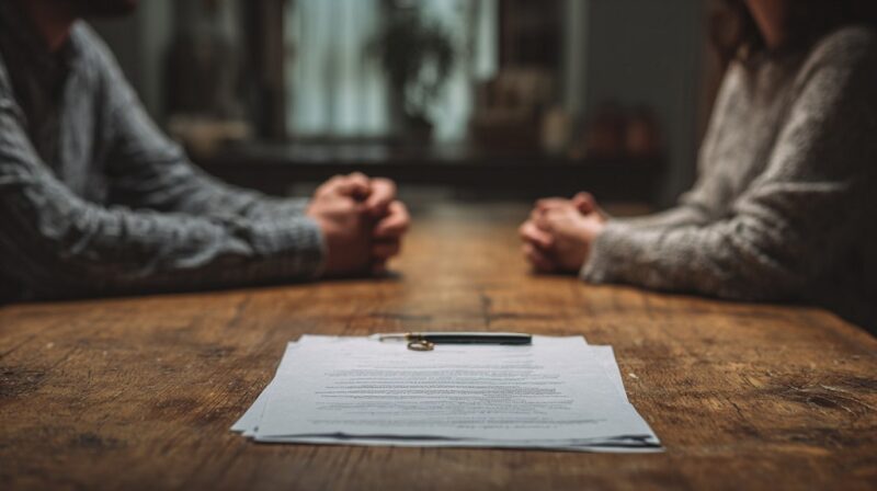 Two people sitting across from each other at a wooden table with divorce papers and a pen placed between them, symbolizing the service of legal documents