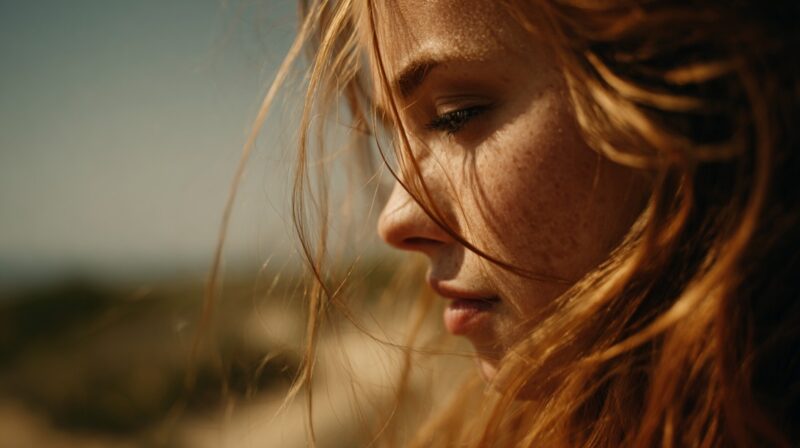 Close-up side profile of a woman with red hair in natural light, reflecting self-assurance and individuality