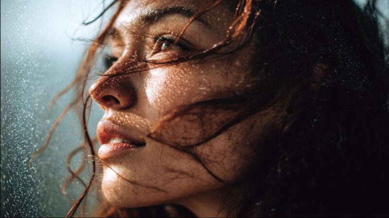 Close-up of a woman with wet hair and glistening skin, looking determinedly into the distance