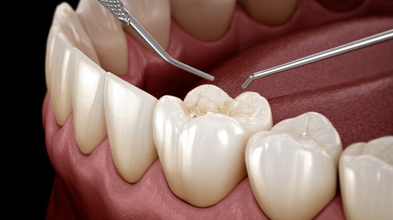 3D illustration of a molar tooth with dental tools preparing to place a filling, showing the natural enamel, gums, and tooth surface