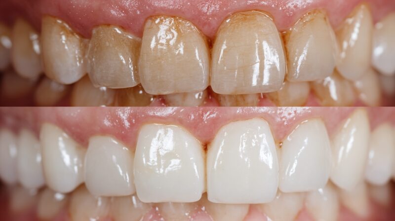 Close-up of teeth showing before (stained and cracked) and after (white, smooth, restored) dental crown treatment
