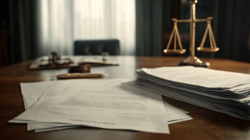 Legal divorce documents on a desk with a scale of justice in the background, symbolizing legal jurisdiction and filing rules