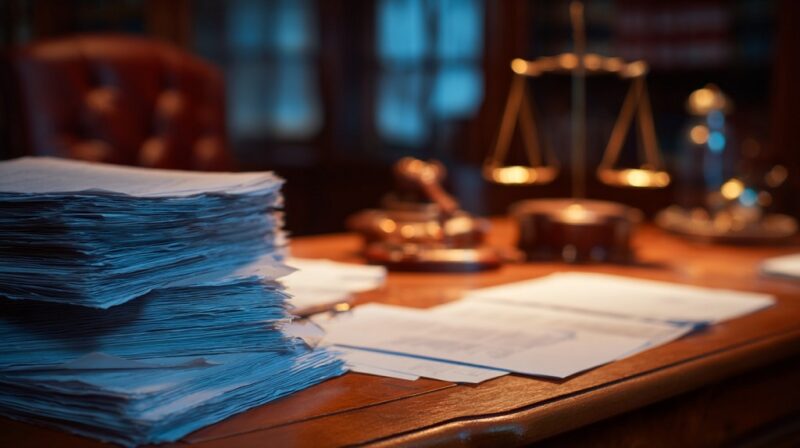 Stack of international divorce documents on a wooden desk with scales of justice and gavel in the background